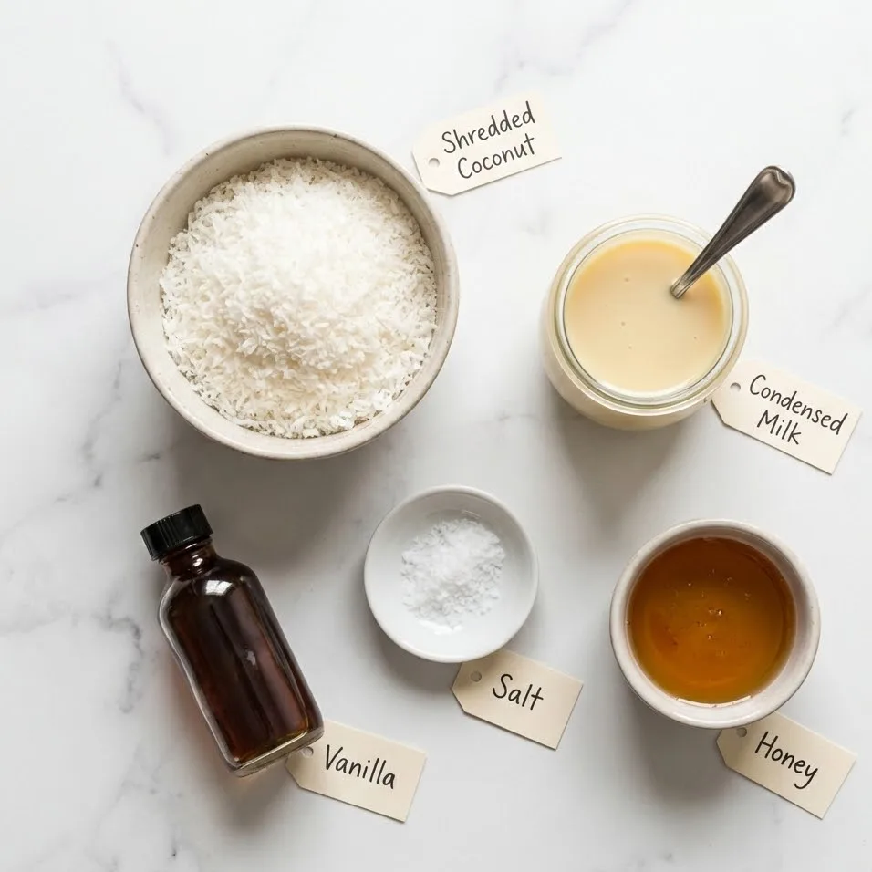Ingredients for coconut balls including shredded coconut, condensed milk, vanilla, and salt.