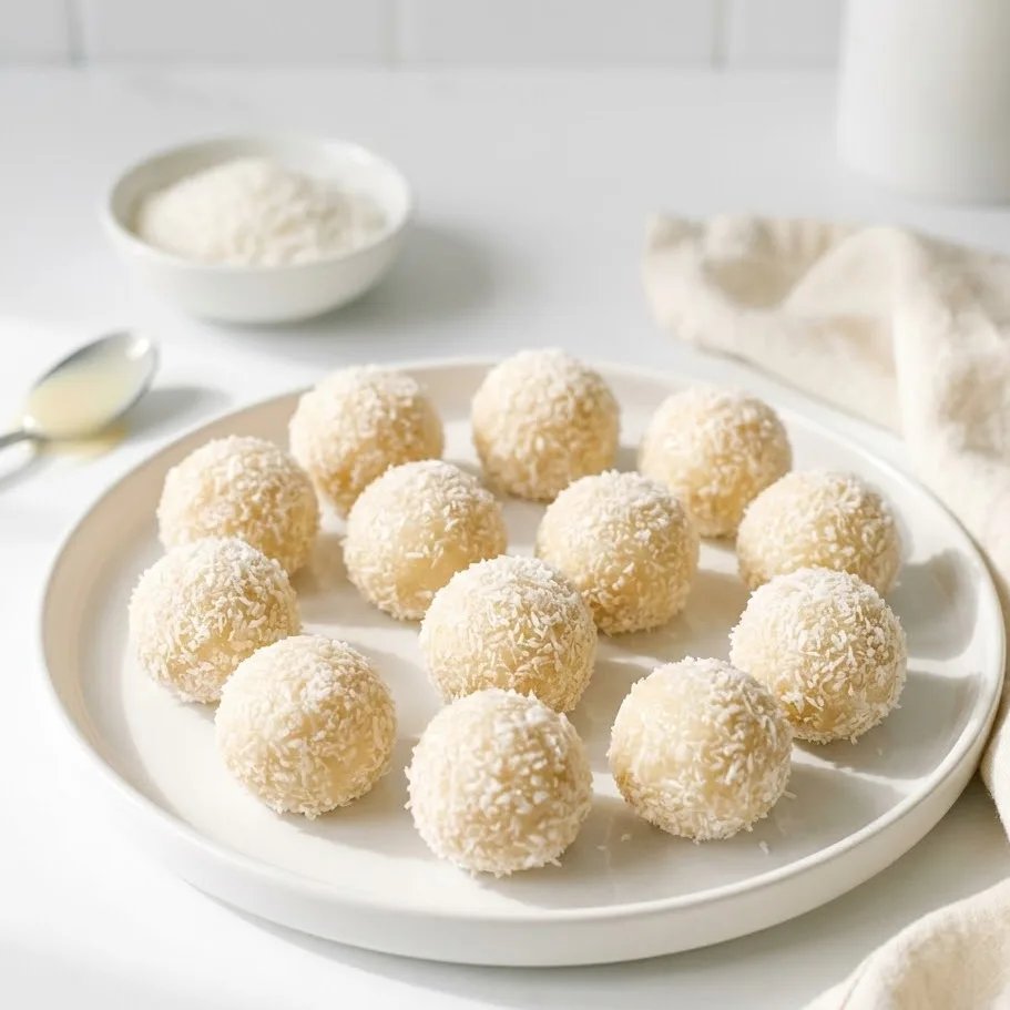 No-bake coconut balls arranged neatly on a white plate, coated in fine shredded coconut.