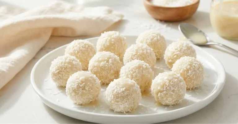 No-bake coconut balls arranged on a white plate, coated in shredded coconut.