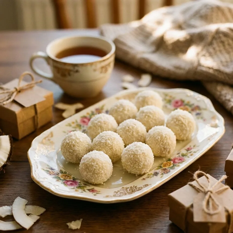 Coconut balls served on a decorative platter with coconut flakes.