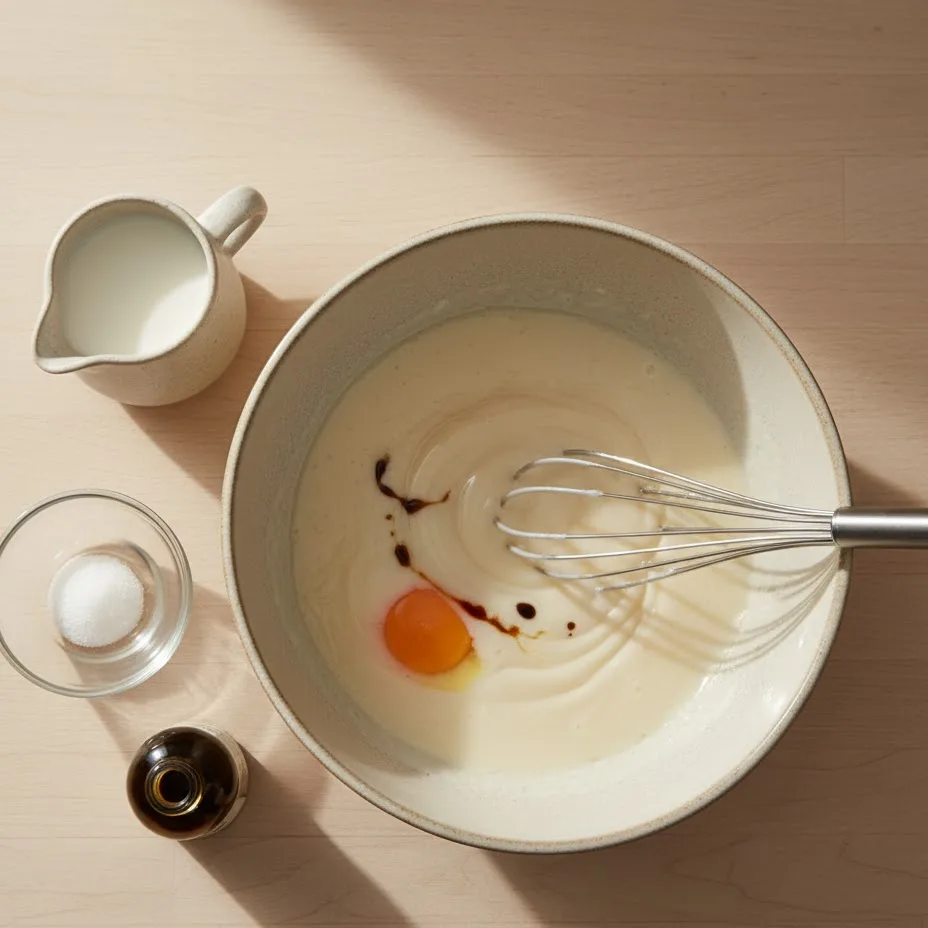 Whisking eggs, milk, coconut oil, and vanilla together in a mixing bowl for protein waffles.