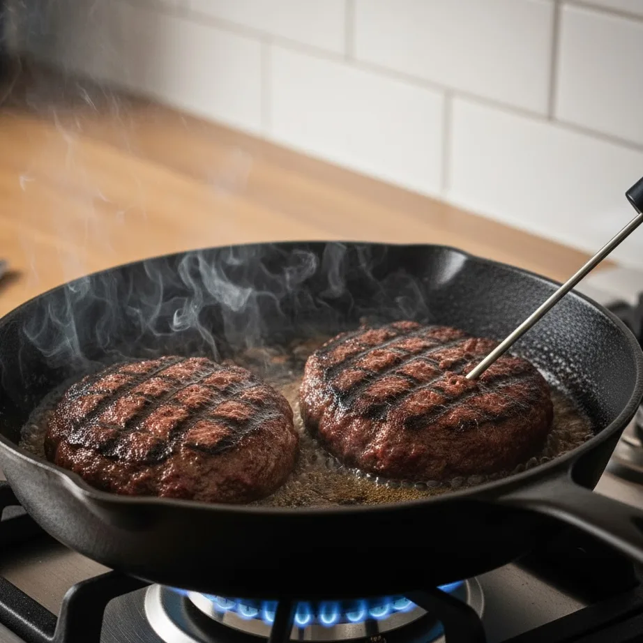 Bison burger patties sizzling on the grill as they cook.