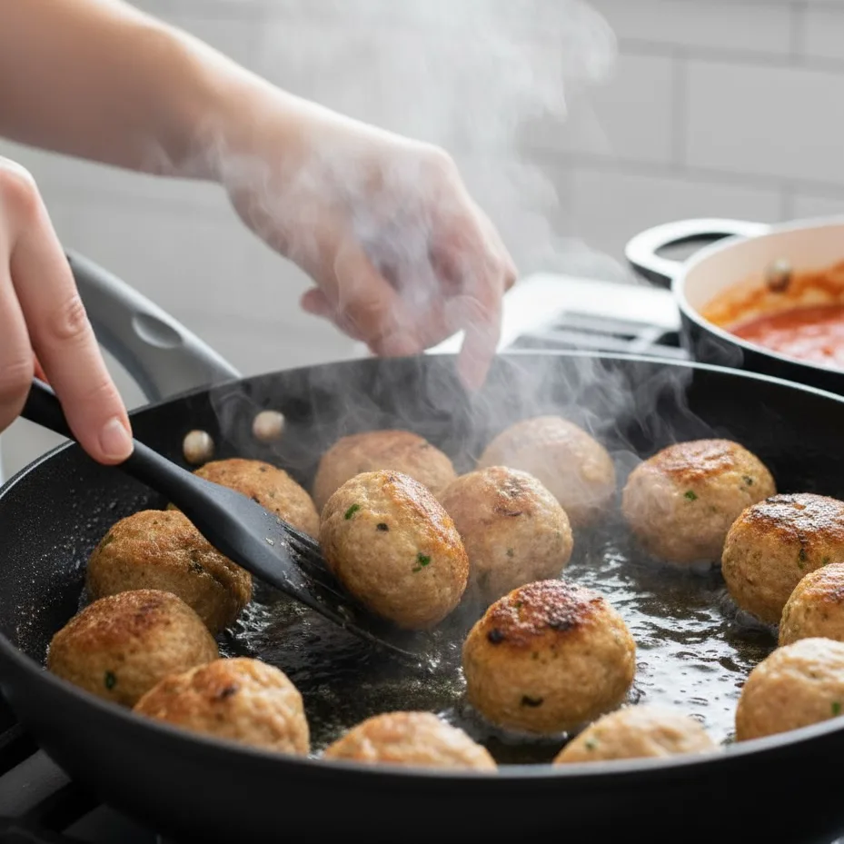 Golden brown chicken meatballs sizzling in skillet with olive oil