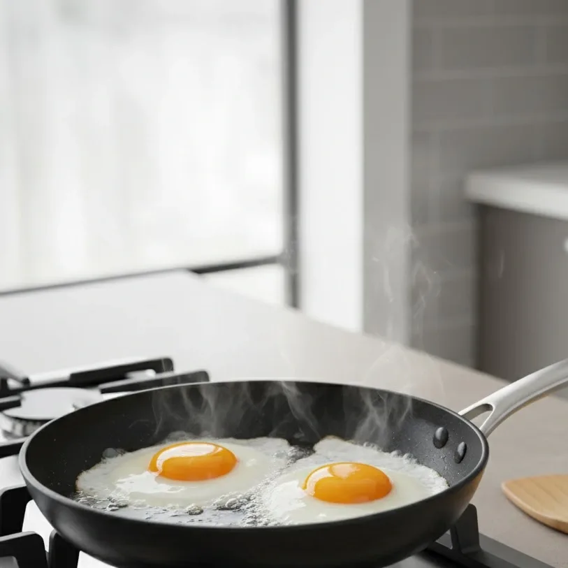 Sunny-side-up eggs cooking in a nonstick pan for avocado toast with egg.
