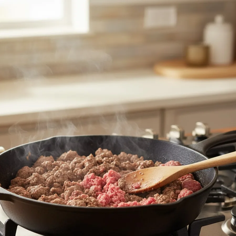 Ground beef cooking in skillet for easy sloppy joe recipe 3 ingredients.