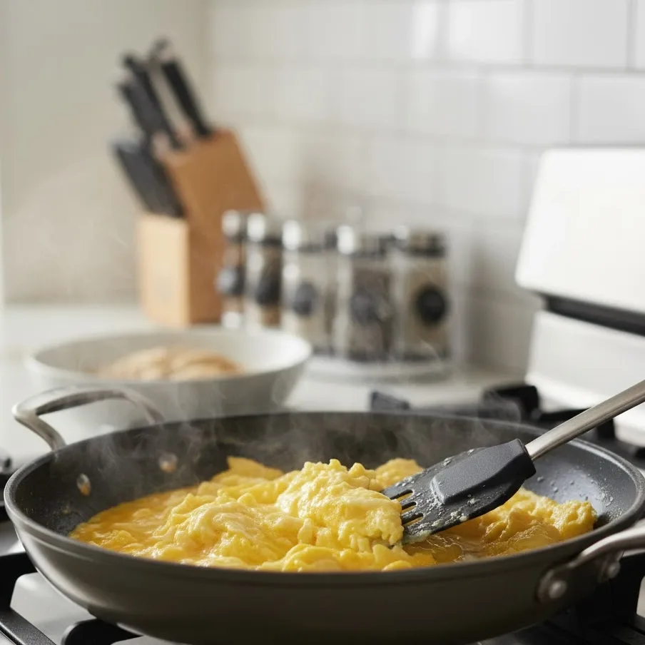 Soft scrambled eggs cooking in a skillet with a spatula.