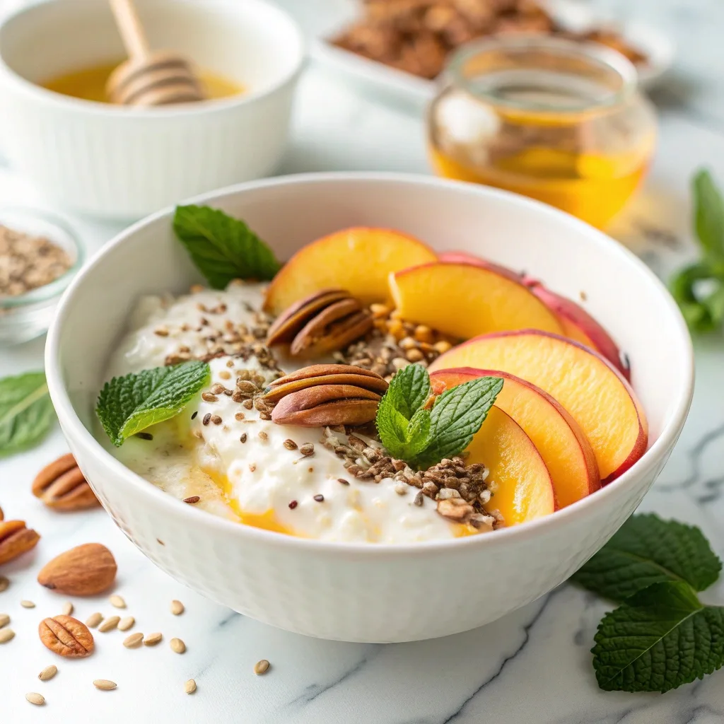 Cottage cheese breakfast bowl with peaches, nuts, and honey drizzle.