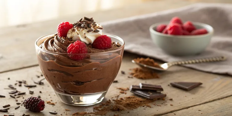 Creamy cottage cheese chocolate mousse recipe topped with raspberries and shaved chocolate.