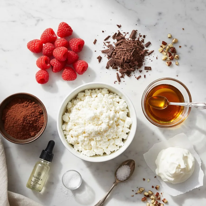 Ingredients for cottage cheese chocolate mousse arranged on a light surface.