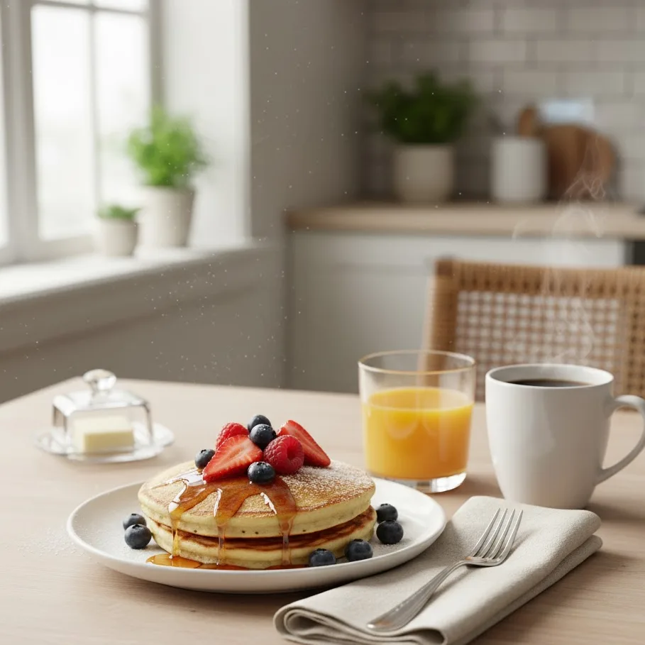 Gluten free pancakes served with fruit and syrup in a cozy kitchen breakfast setting.