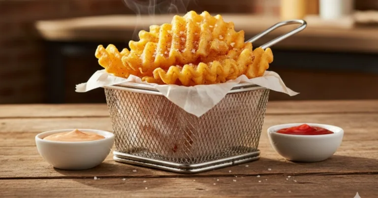 Crispy golden Chick fil A waffle fries served with dipping sauces on a rustic board.