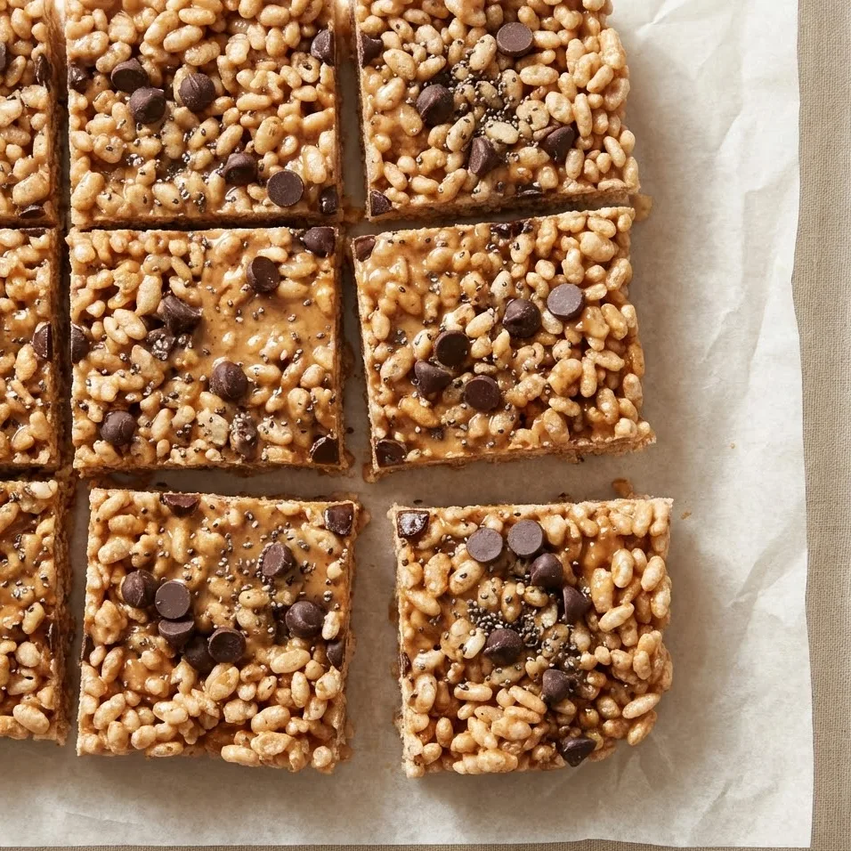 Freshly cut healthy rice krispie treats on parchment paper with a chewy, crispy texture.