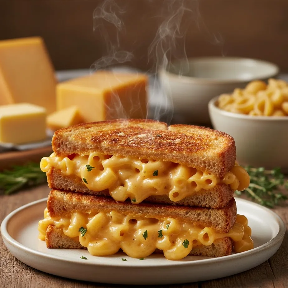 Stacked grilled mac and cheese sandwich halves showing melted cheese and creamy pasta filling.