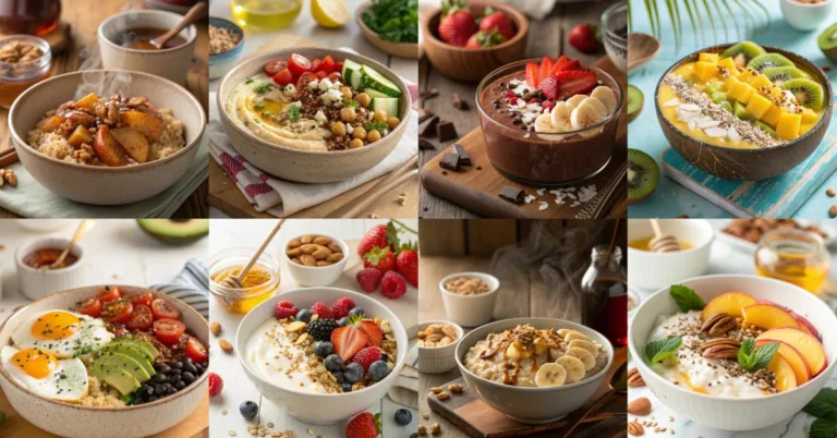 Colorful breakfast bowls filled with yogurt, fruit, oatmeal, and smoothie toppings.