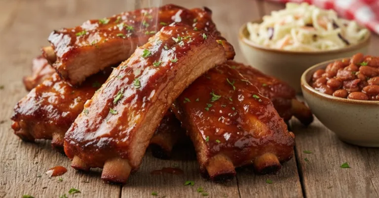 Tender bbq ribs in the oven glazed with smoky sauce on a rustic table