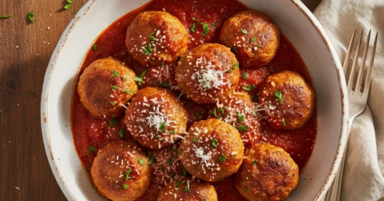 Serving chicken meatballs with marinara sauce over spaghetti in a home kitchen