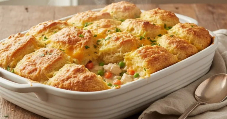Golden chicken pot pie casserole with flaky biscuit topping in white baking dish.