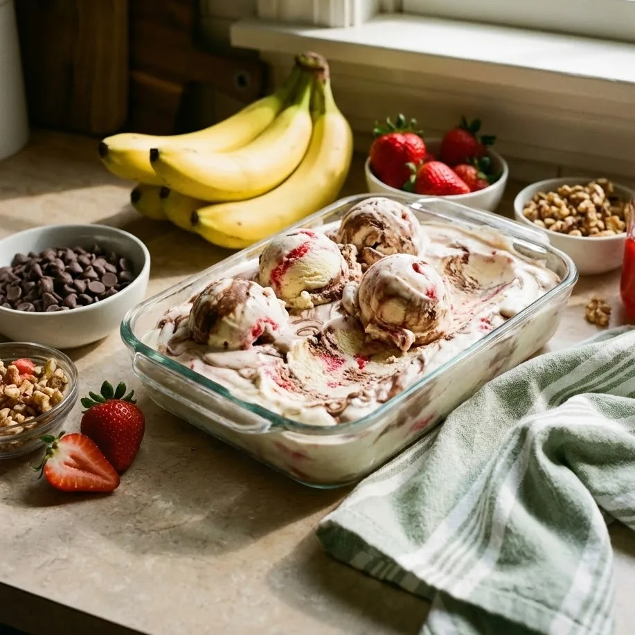 No-churn banana split ice cream with chocolate, strawberries and nuts