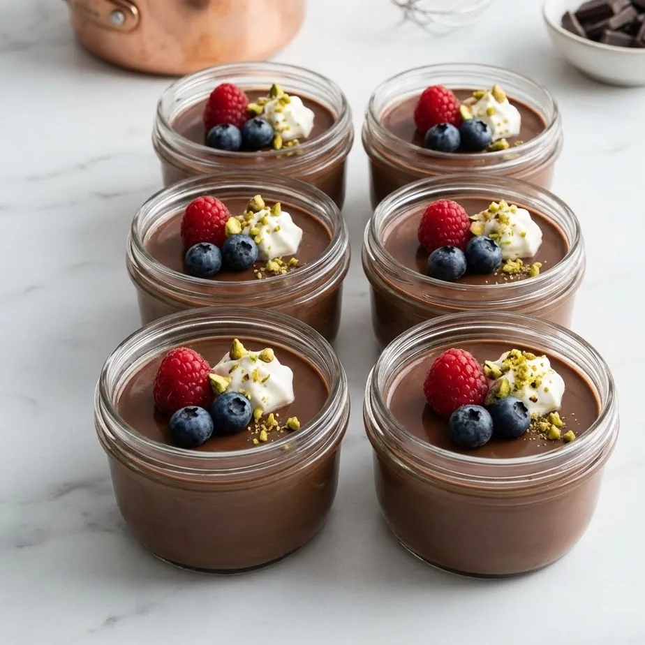 Multiple chocolate panna cotta servings arranged on a marble surface.