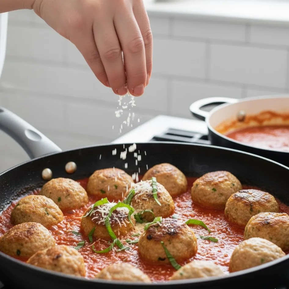 Chicken meatballs simmering in marinara sauce topped with fresh basil
