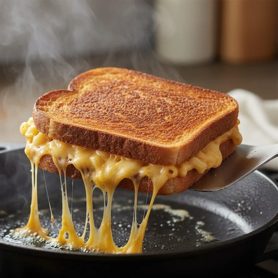 Flipping grilled mac and cheese sandwich to toast both sides evenly.