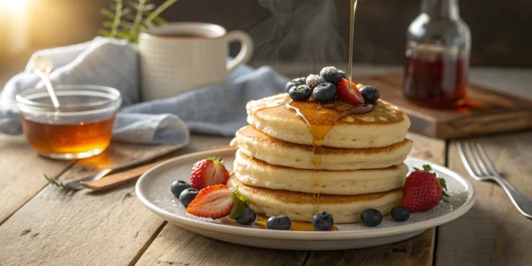 Stack of fluffy gluten free pancakes with syrup, butter, and berries on a breakfast table.