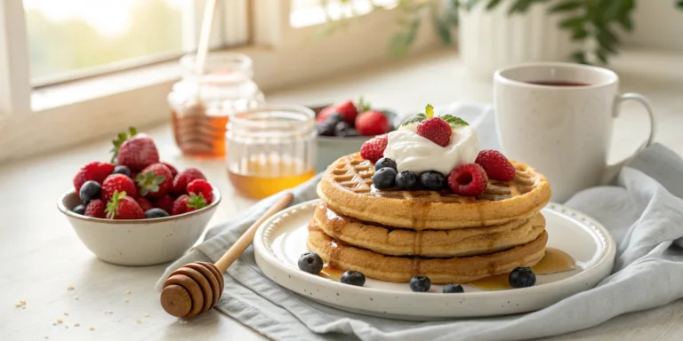 Golden protein waffles stacked with berries, yogurt, and maple syrup on a breakfast table.