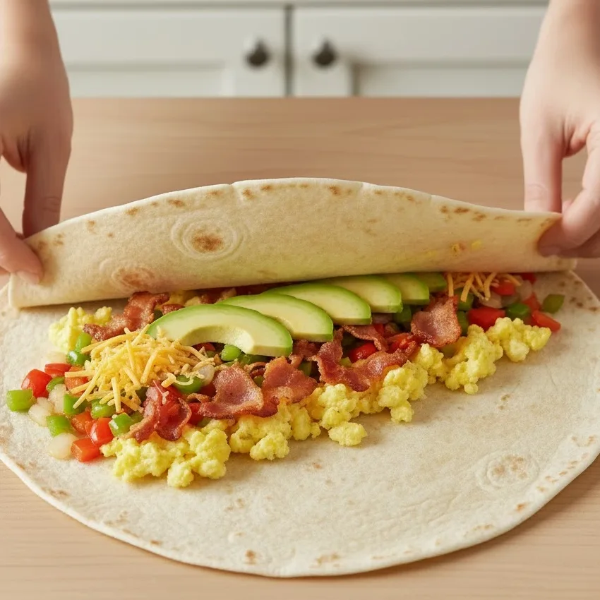 Hands folding a tortilla into a burrito on a wooden board.