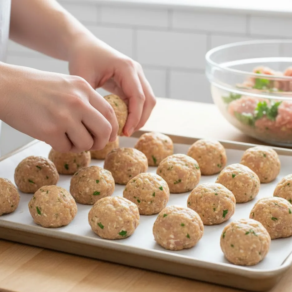 Shaping chicken meatballs on a parchment-lined tray before cooking