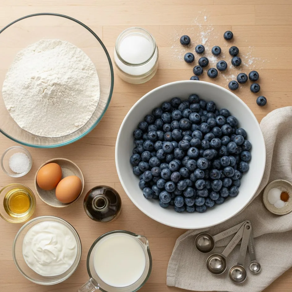 Gluten free blueberry muffins ingredients arranged neatly on a kitchen counter.
