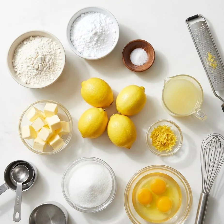 Ingredients for gluten free lemon bars arranged on a countertop, including lemons, eggs, flour, and sugar.