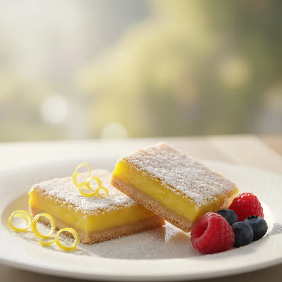 Plated gluten free lemon bars dusted with powdered sugar and garnished with lemon zest.