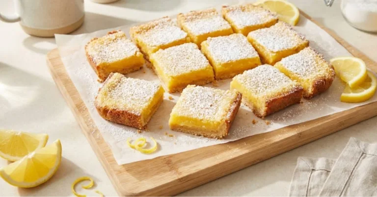Fresh gluten free lemon bars dusted with powdered sugar on a cutting board with bright lemons around them.