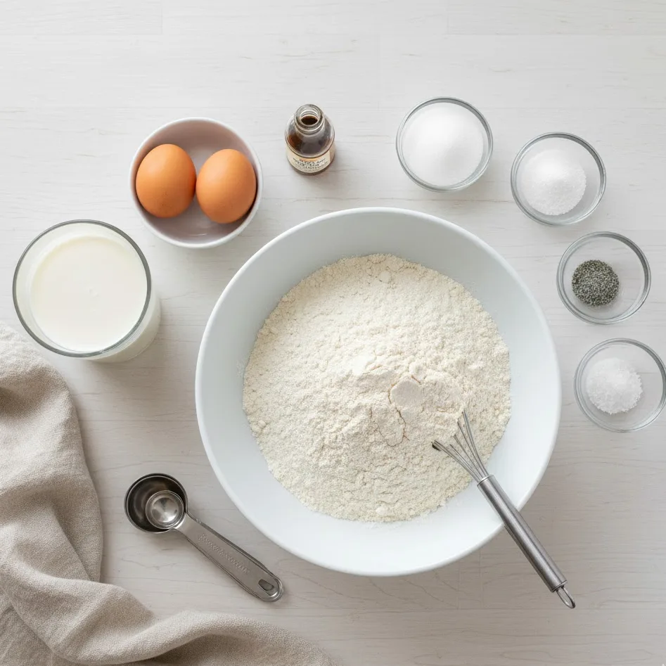 Flat lay of gluten free pancake ingredients on a wooden kitchen counter.