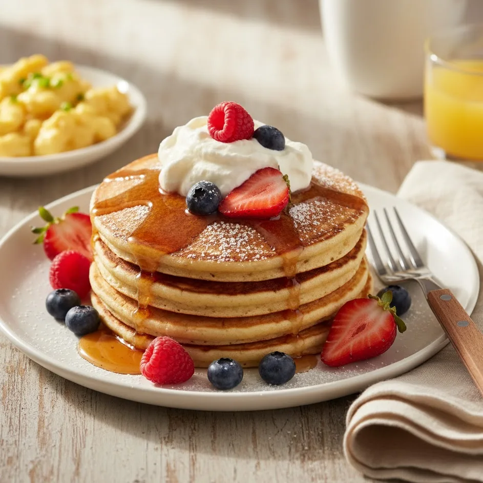 Gluten free pancakes topped with berries, syrup, and whipped cream on a white plate.