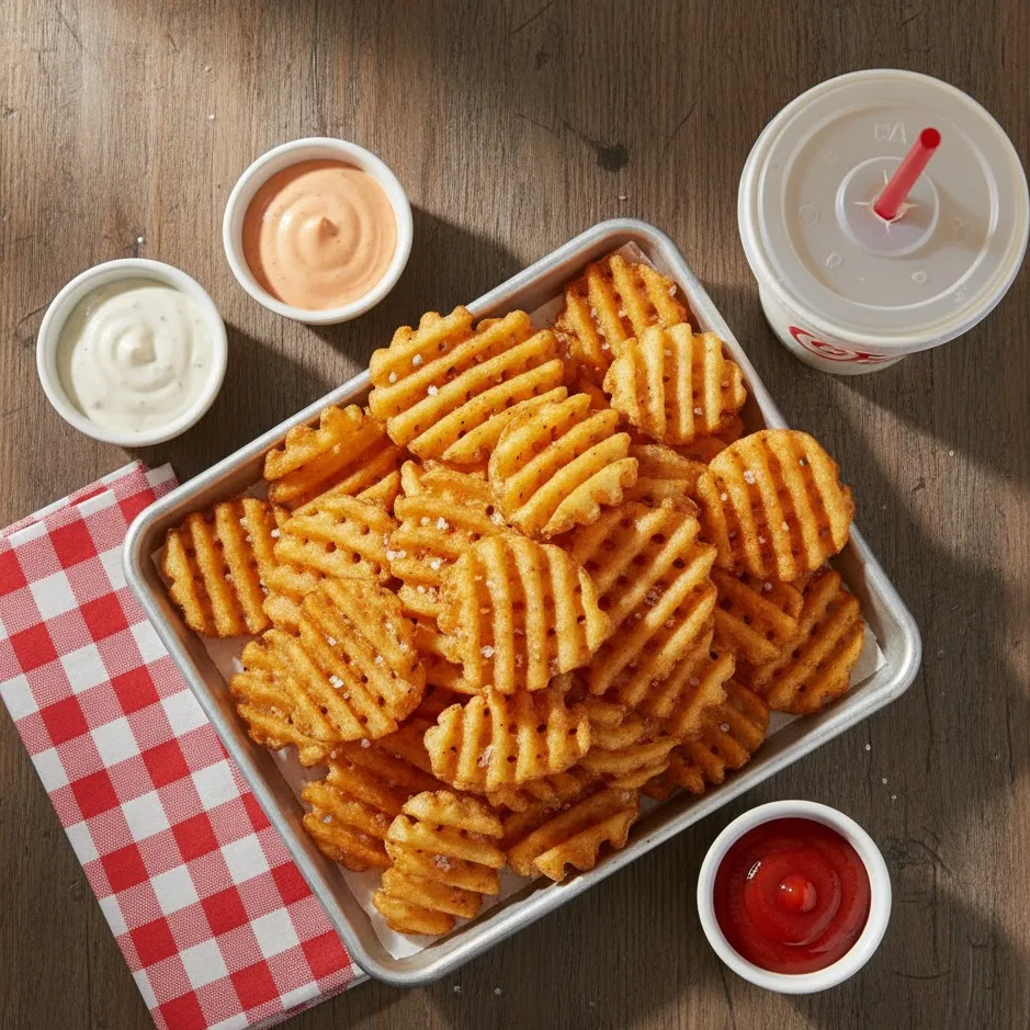 Golden waffle fries with sauces on a serving tray for Chick fil A waffle fries recipe.
