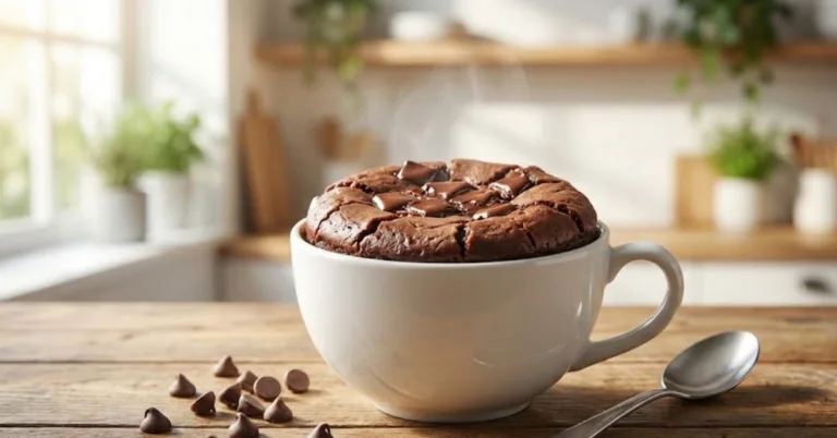 Warm, gooey chocolate mug brownie in a white mug on a kitchen counter for an easy mug brownie recipe.