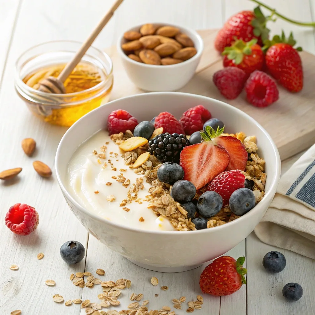 Greek yogurt breakfast bowl with granola, fresh berries, and honey drizzle.