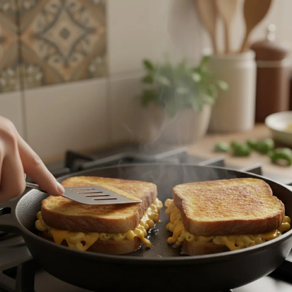 Grilled mac and cheese sandwiches cooking in a skillet until golden brown.
