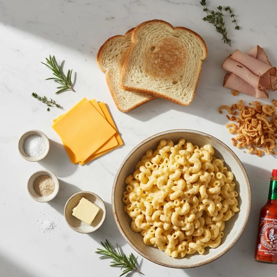 Ingredients for grilled mac and cheese sandwich arranged on a kitchen counter.