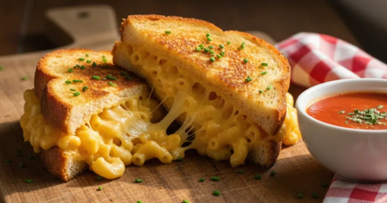 Golden grilled mac and cheese sandwich cut in half with melted cheddar and creamy mac inside.
