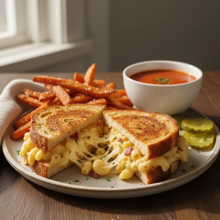 Grilled mac and cheese sandwich served with tomato soup and fries.