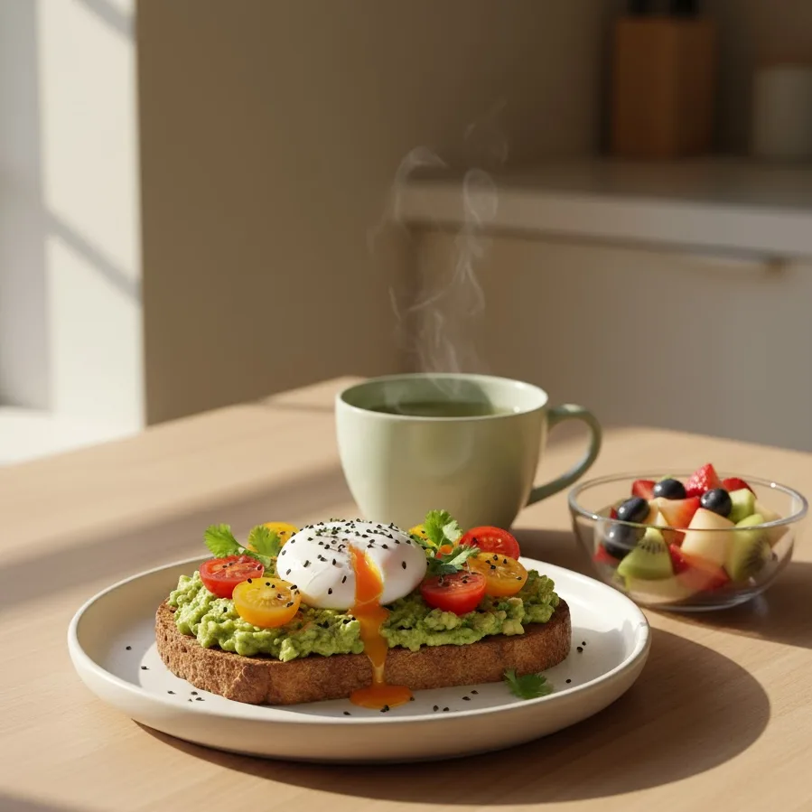 Avocado toast with fruit salad and green tea showing balanced avocado toast calories meal.