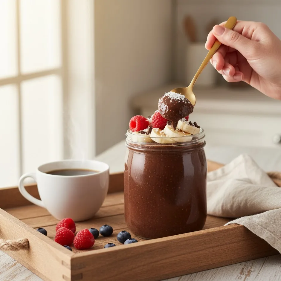 Person enjoying chocolate chia seed pudding with a spoon for a healthy breakfast.