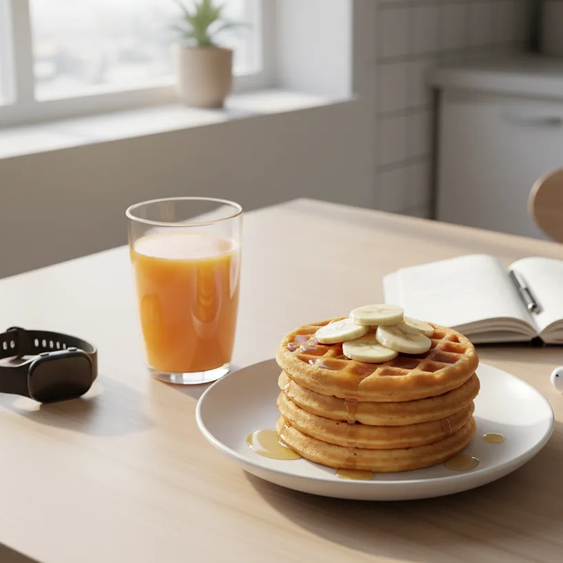 Healthy morning setup with protein waffles, bananas, and orange juice in natural light.