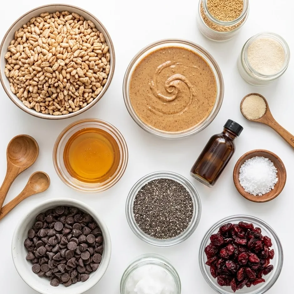Ingredients for healthy rice krispie treats arranged on a white surface.