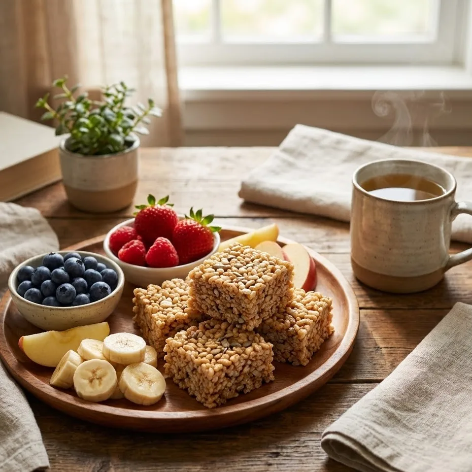 Healthy rice krispie treats served with fresh fruit on a snack platter.