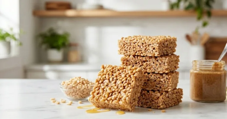 Healthy rice krispie treats stacked on a marble surface with almond butter and honey ingredients beside them.