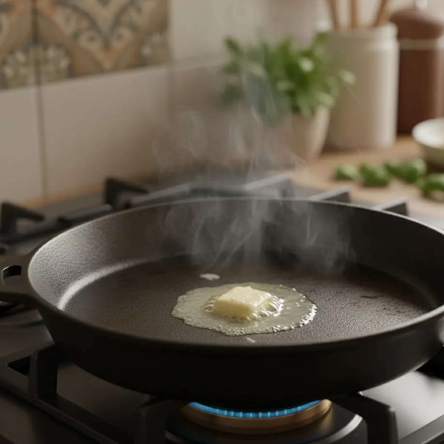 Skillet heating on stovetop for cooking grilled mac and cheese sandwich.