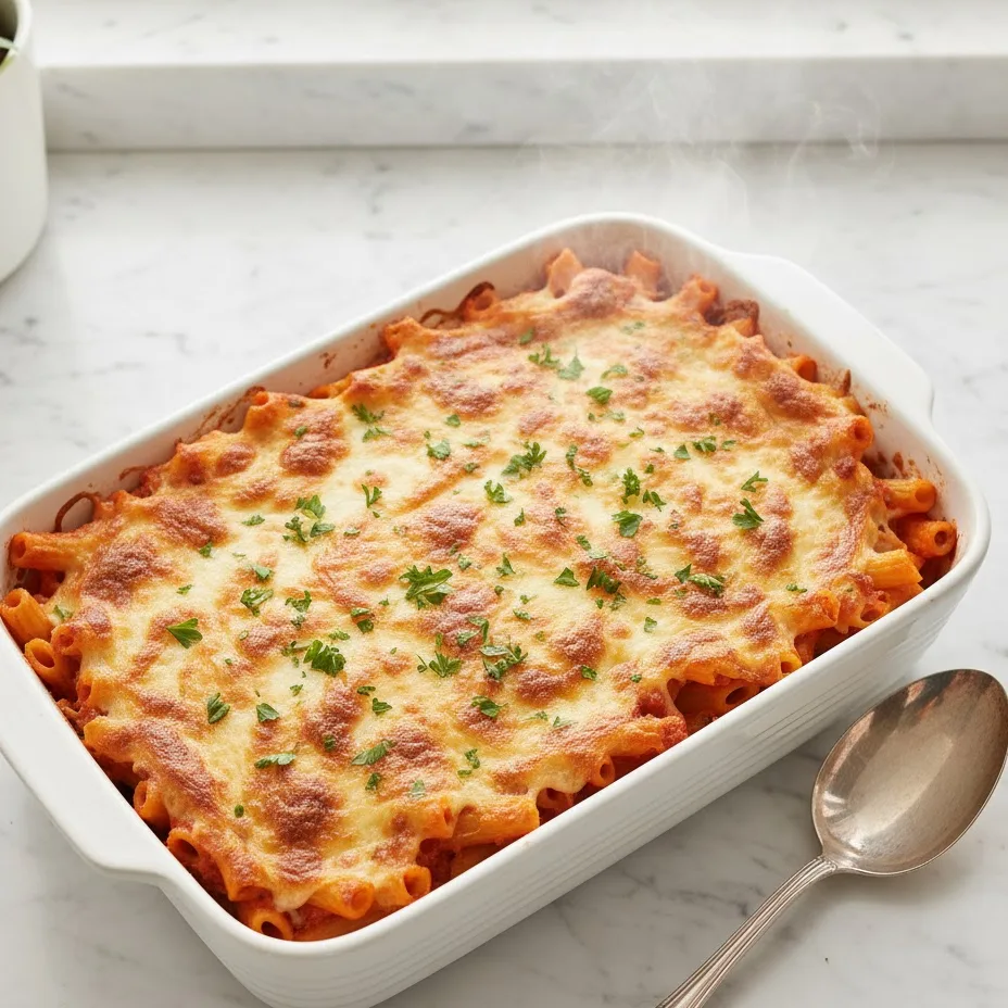 Freshly baked ziti recipe no meat in a white casserole dish with melted mozzarella.